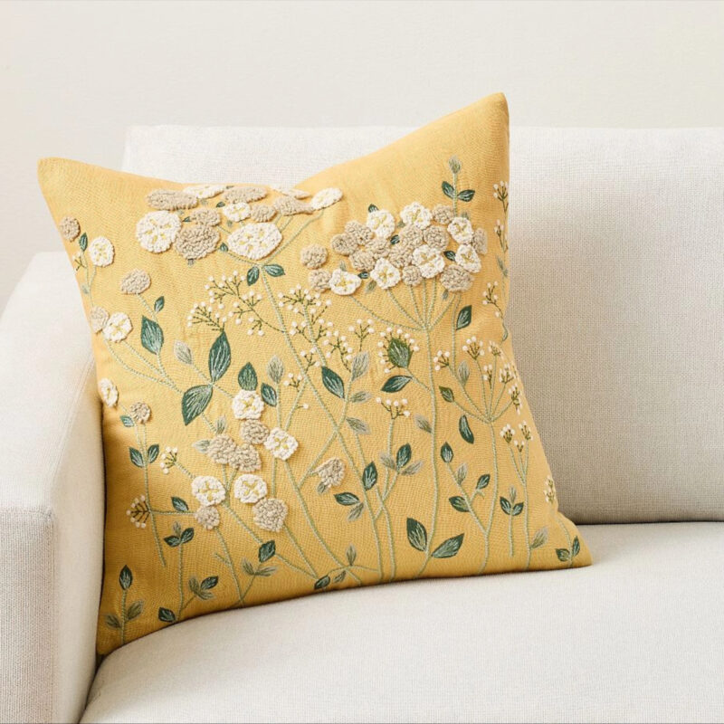 Bouquet Floral Embroidered Pillow Cover, 20"" x 20"", Gold Multi