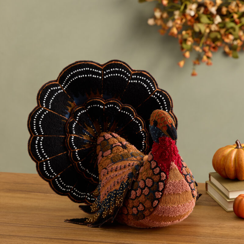 Brown Knit Beaded and Embroidered Turkey Decor