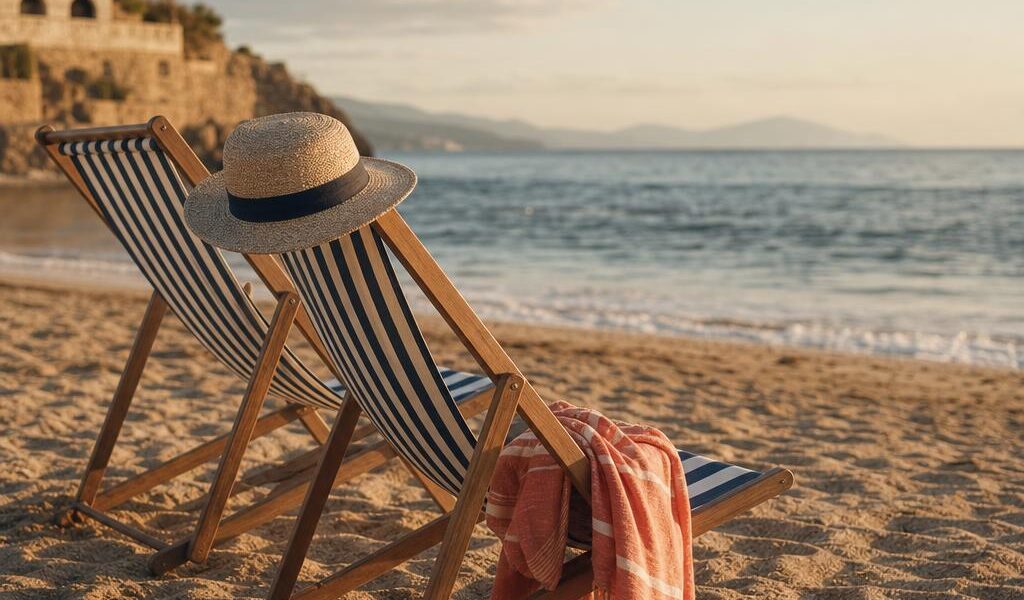 Vintage-inspired striped folding beach chairs arranged beside the ocean