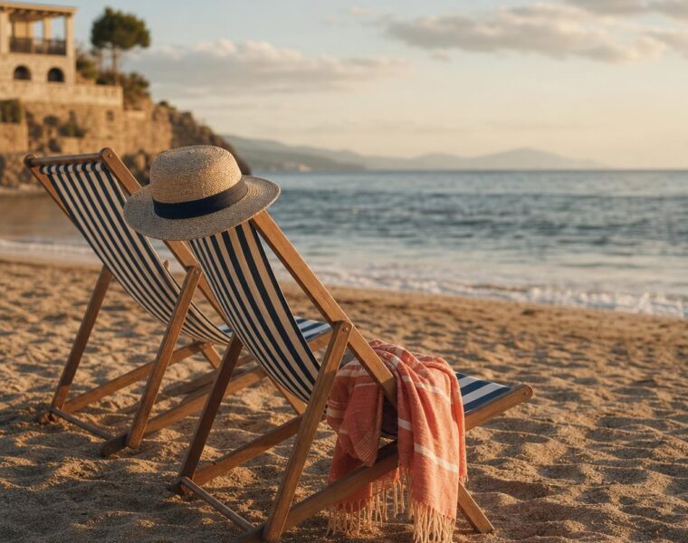 Vintage-inspired striped folding beach chairs arranged beside the ocean