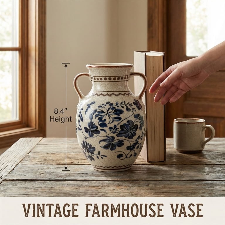 BUYMAX Light Blue Ceramic Vase, Vintage Two-Handle Vase for Flower Arrangements, Farmhouse Table ...