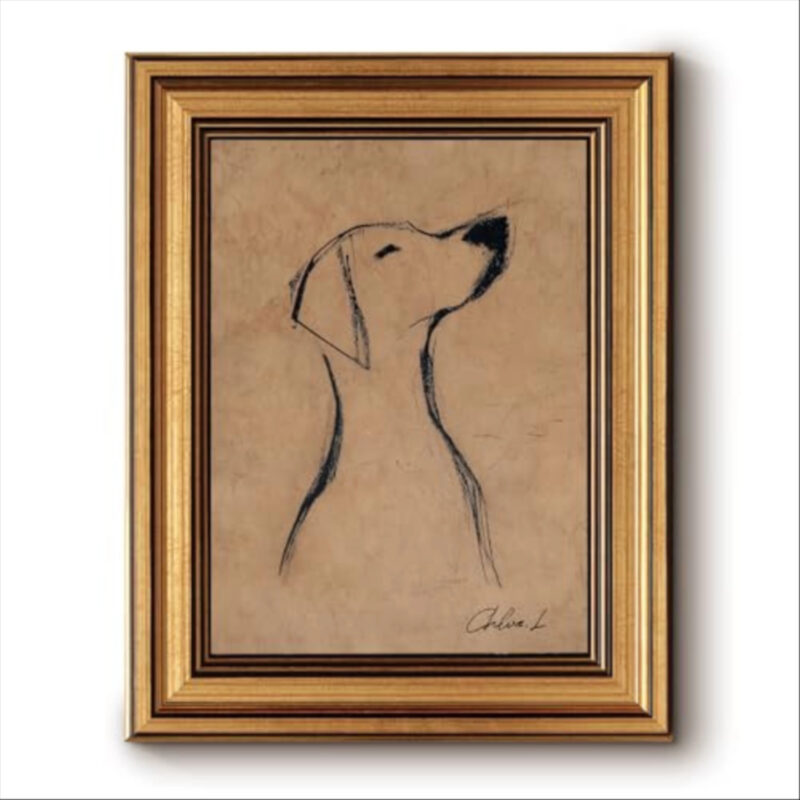 Bzstyleart Vintage Wall Art Decor, Gold Framed Wall Art 8 x 10 Inch Sketch Dog Pictures, Vintage Gold Framed Dog Wall Art, Canvas Picture Print Animal Painting for Bedroom Living Bathroom