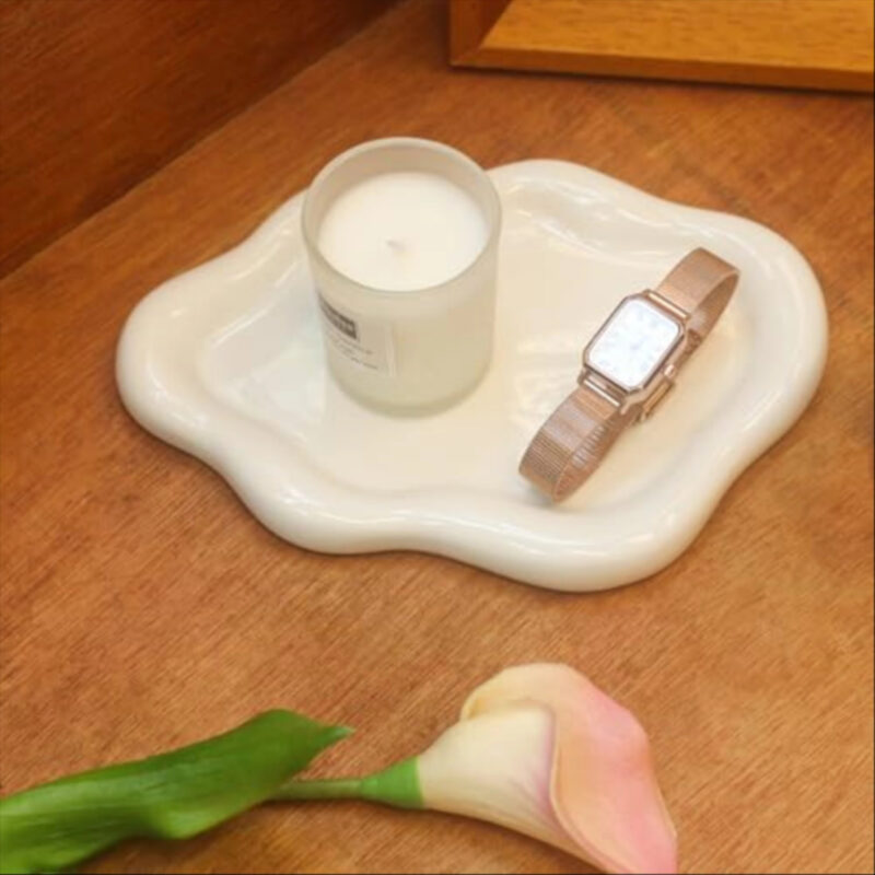 CCINPPY Ceramic Jewelry Tray Trinket Dish, Decorative Cloud Vanity Key Tray for Women, Ring Holder Dish, Cute Jewelry Plate Bowl Room Decor Aesthetic, White, Medium