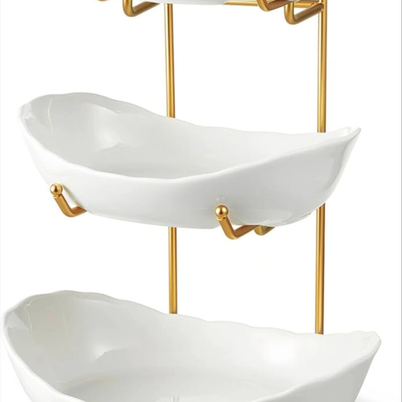 Ceramic Fruit Bowl for Kitchen Counter - 3 Tier Fruit Basket with Metal Stand, Tiered Fruit Stand...