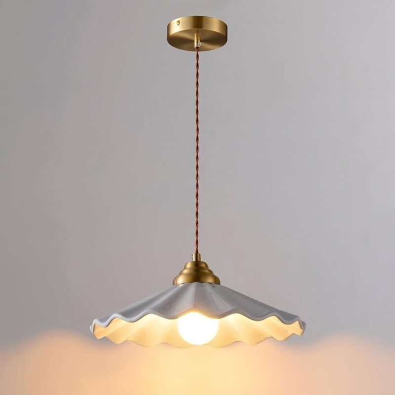 Ceramic Pendant Light, Vintage Pendant Light Fixture with Pleated Ceramic Lmapshade, White Porcel...