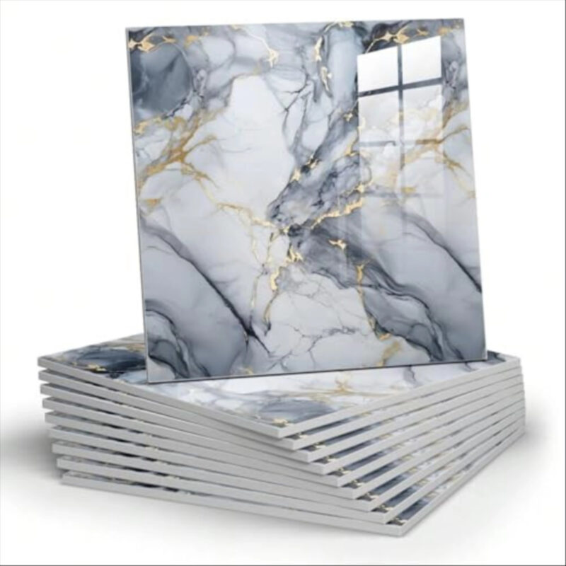 Chejiaye 10pcs Marble Peel and Stick Backsplash Waterproof Washroom Wall Panels, Peel and Stick Tile, PVC Foam Wall Panels for Kitchen,Bathroom,Living Room,Blue and Gold(Not Real Tile,11.8" x 11.8")
