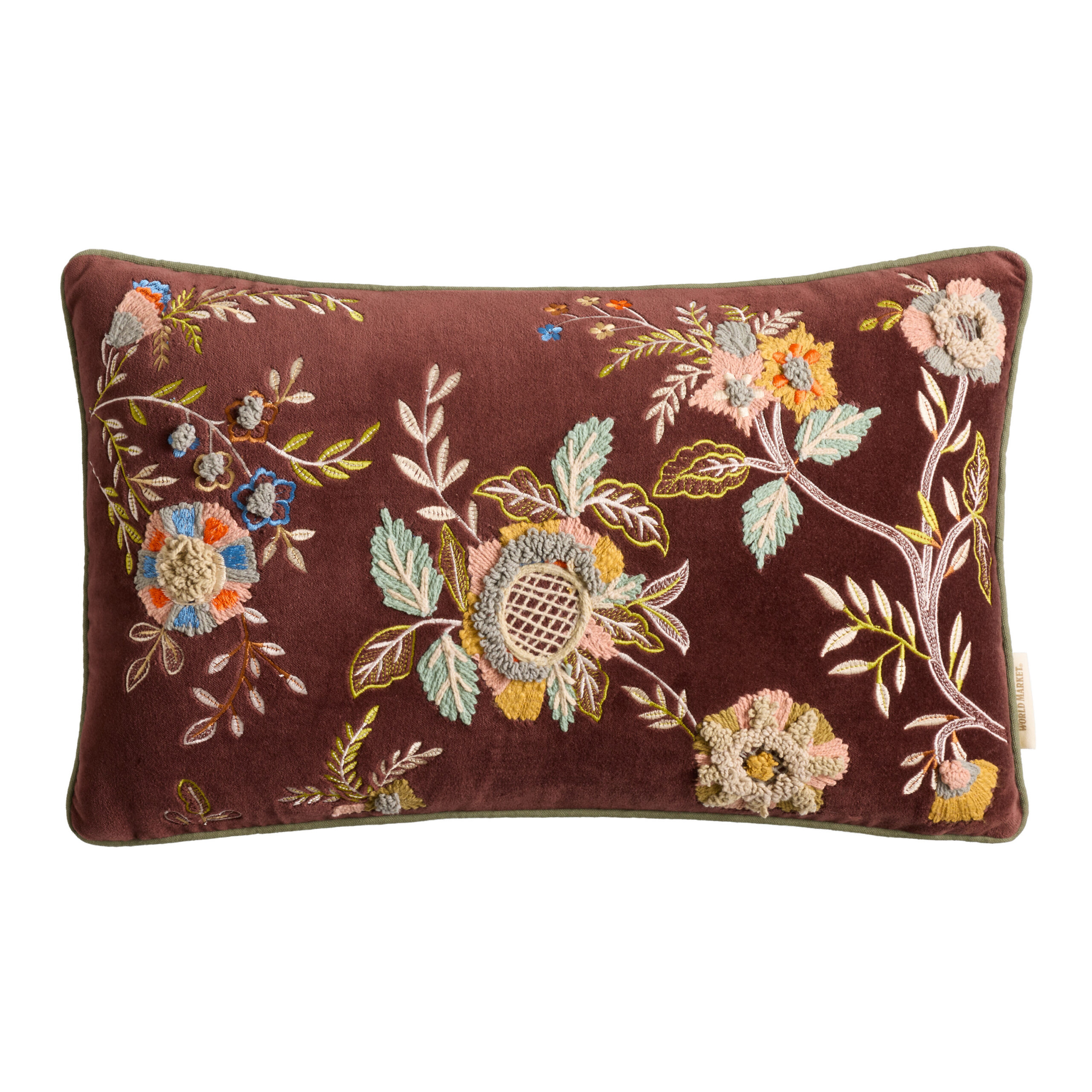 Chocolate Brown Velvet Floral Embroidered Lumbar Pillow
