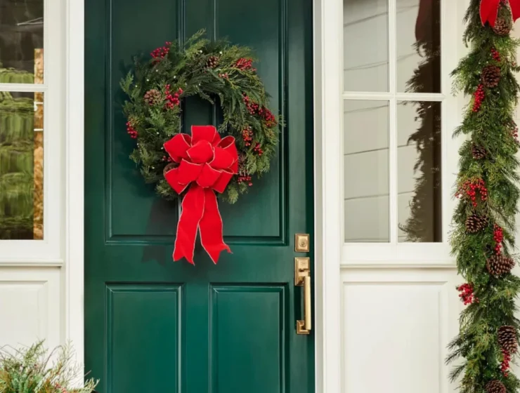 A green front door decorated with Christmas garland, a wreath, and a red ribbon.