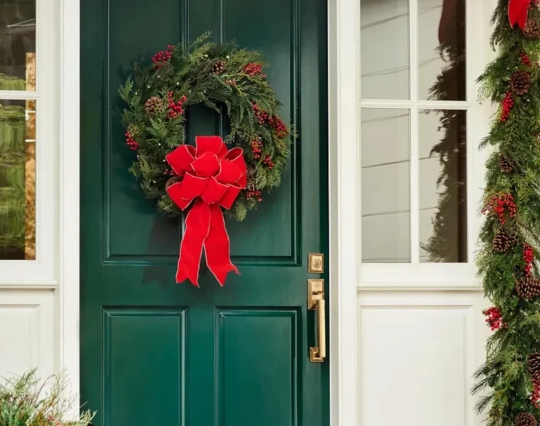 A green front door decorated with Christmas garland, a wreath, and a red ribbon.