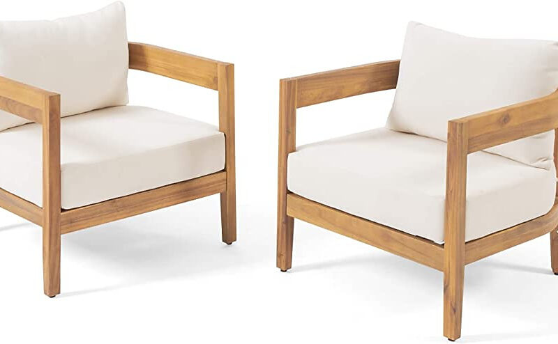 Christopher Knight Home 312395 Alfy Outdoor Club Chair with Cushions (Set of 2), Teak Finish, Bei...