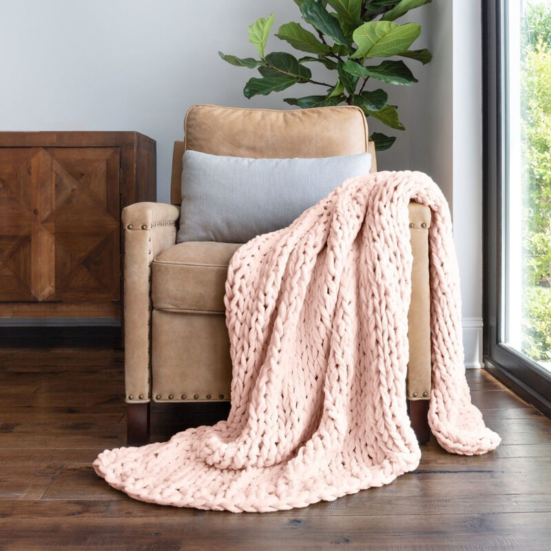 Chunky Knit Throw Blanket Braided, Soft & Cozy - Becky Cameron, Blush, Throw