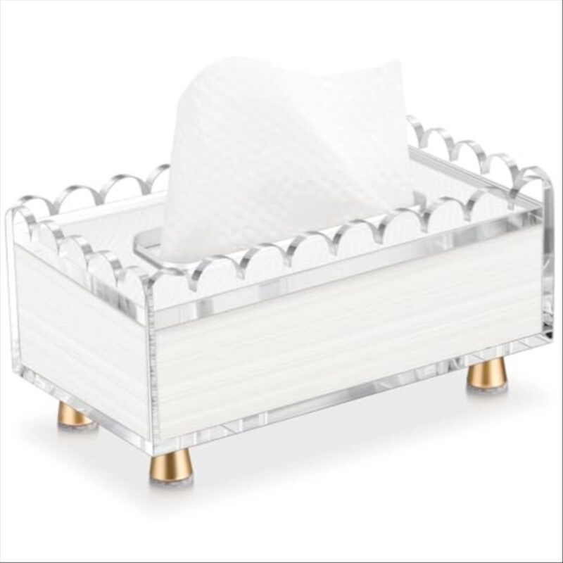 Clear Acrylic Scalloped Tissue Box Cover Holder with 8mm Thick Top Lid and Gold Plated Aluminum Legs Rectangle Napkin Dispenser Organizer for Bathroom Kitchen Bedroom Office Hotel