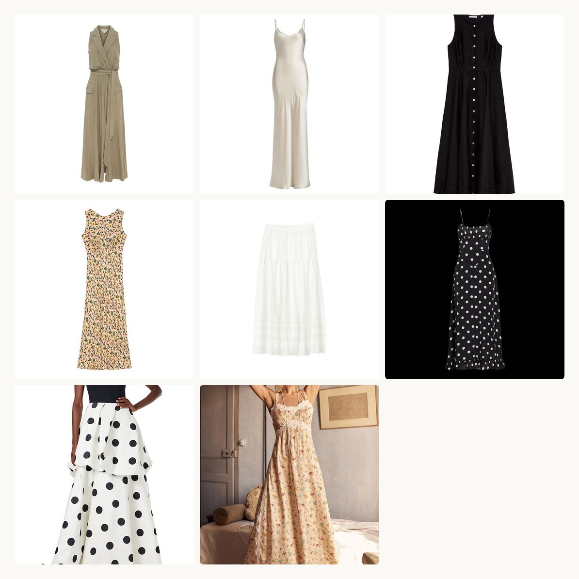 Fall dressing has a way of turning into a uniform — same cardigan, same boots, same three dresses on rotation. This year we're breaking that pattern with pieces that still feel like you, just in deeper colors and heavier fabric. Linen that drapes instead of clings. Polka dots that read grown-up, not costume. A slip dress in a color called 