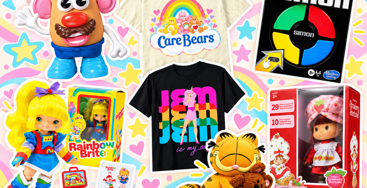 Colorful nostalgia collage featuring Mr. Potato Head, Care Bears and Jem shirts, Simon, Rainbow Brite, Garfield, and Strawberry Shortcake.