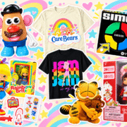 Colorful nostalgia collage featuring Mr. Potato Head, Care Bears and Jem shirts, Simon, Rainbow Brite, Garfield, and Strawberry Shortcake.