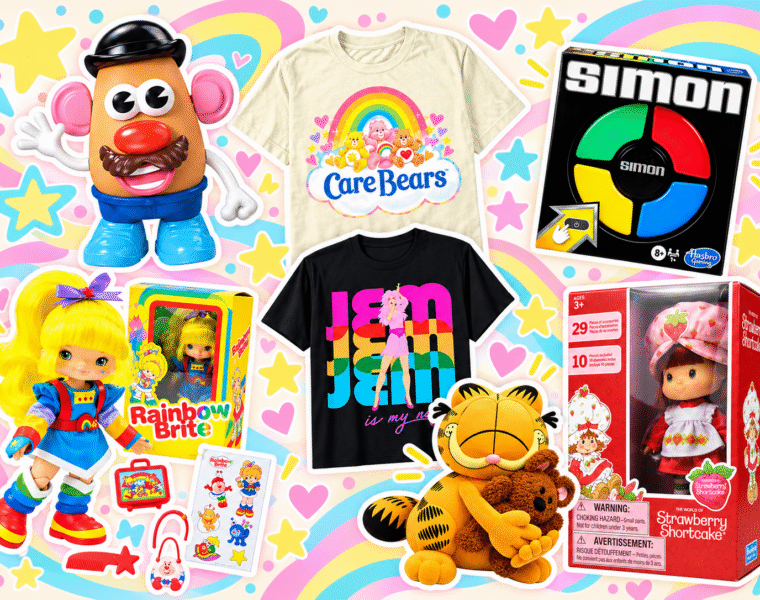 Colorful nostalgia collage featuring Mr. Potato Head, Care Bears and Jem shirts, Simon, Rainbow Brite, Garfield, and Strawberry Shortcake.