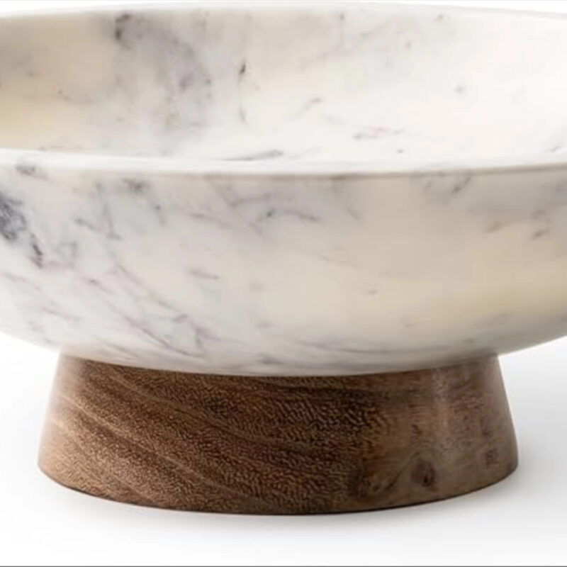Cork & Mill Marble Decorative Bowl for Home Decor - Handcrafted Natural Stone with Acacia Wood Pe...