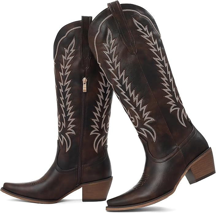 Cowboy Boots for Women: Embroidered Western Knee High Boots Women - Pointed Toe Chunky Heel Cowgi...