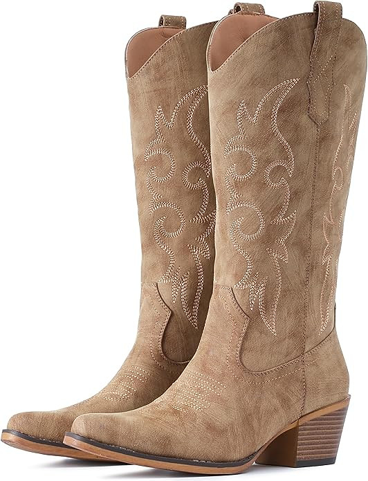 Cowboy Boots For Women Western Cowgirl Boots Mid Calf Snip Toe Boot With Chunky Heel