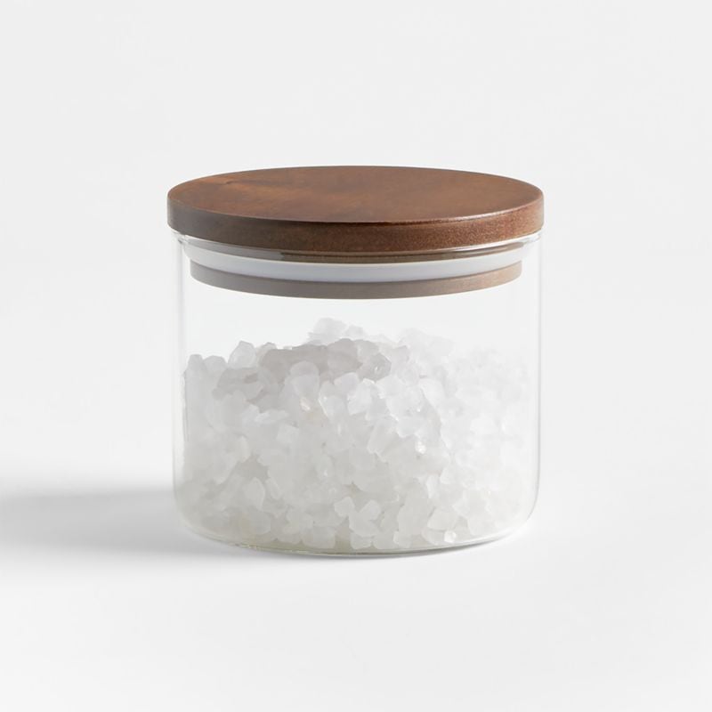 Crate & Barrel Small Round Glass Canister with FSC-Certified Dark Acacia Wood Lids