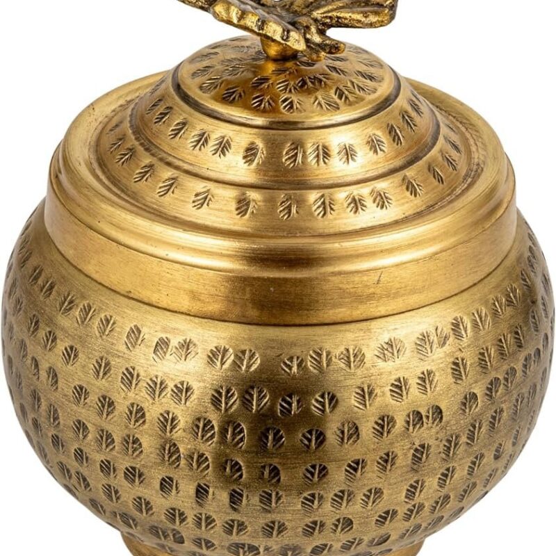 Creative Co-Op Round Hammered Metal Container with Butterfly Finial, Brass Finish