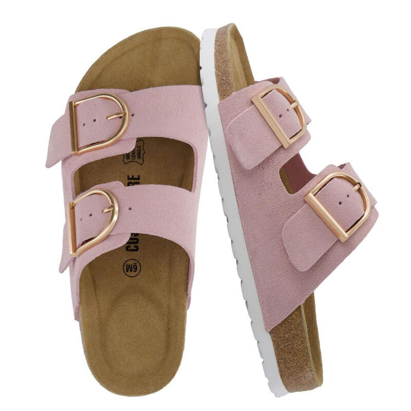 CUSHIONAIRE Legacy Cork Footbed Sandals for Women – Leather Double Strap Slides with Adjustable...