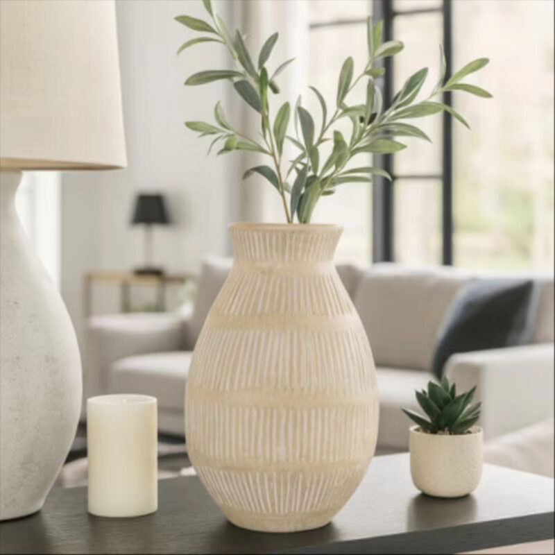 Decorative Terracotta Vase with Bold Textured Form for Living Room Decor - Home Centerpiece for Bedroom, Table, or Office Decor - 16" Ivory