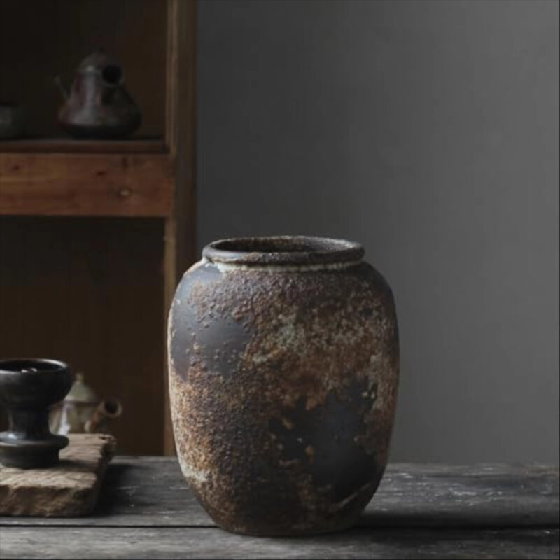 Denique Rustic Vase for Home Decor, Farmhouse Terracotta Vases, Large Ceramic Vase for Living Room Decor, Black Pottery Vase Large Clay Vase, Rustic Farmhouse Tabletop Decor(B-22cm)