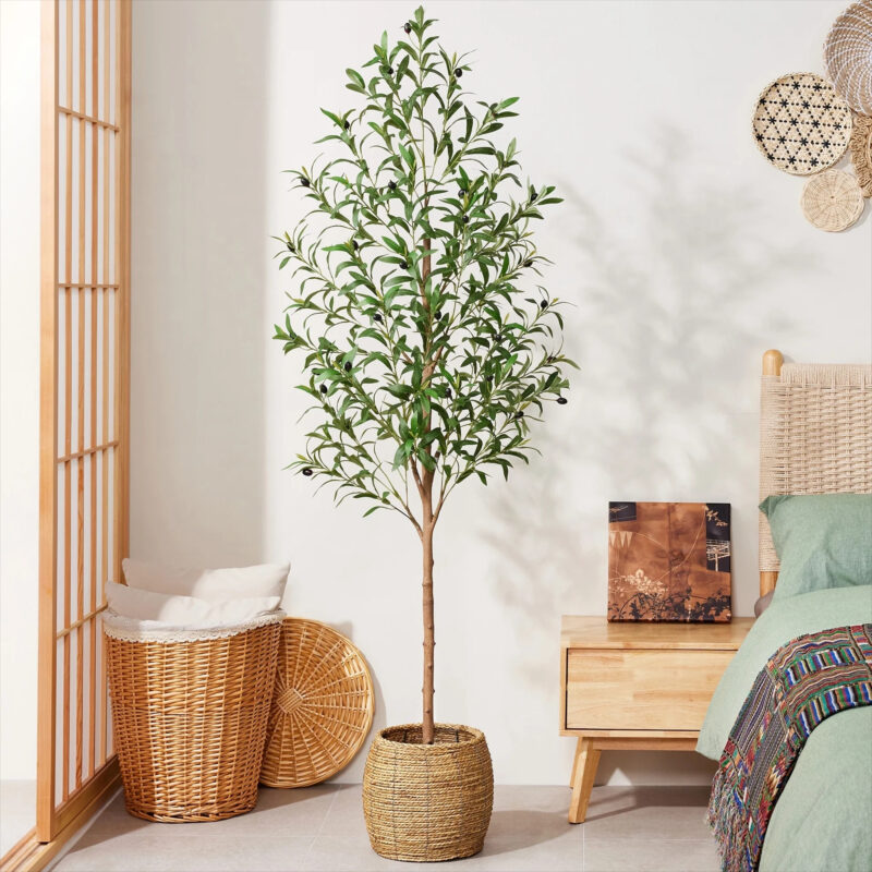 DR.Planzen Artificial Olive Tree 6ft Tall Faux Floor Plant in Black Pot - Realistic Greenery with...