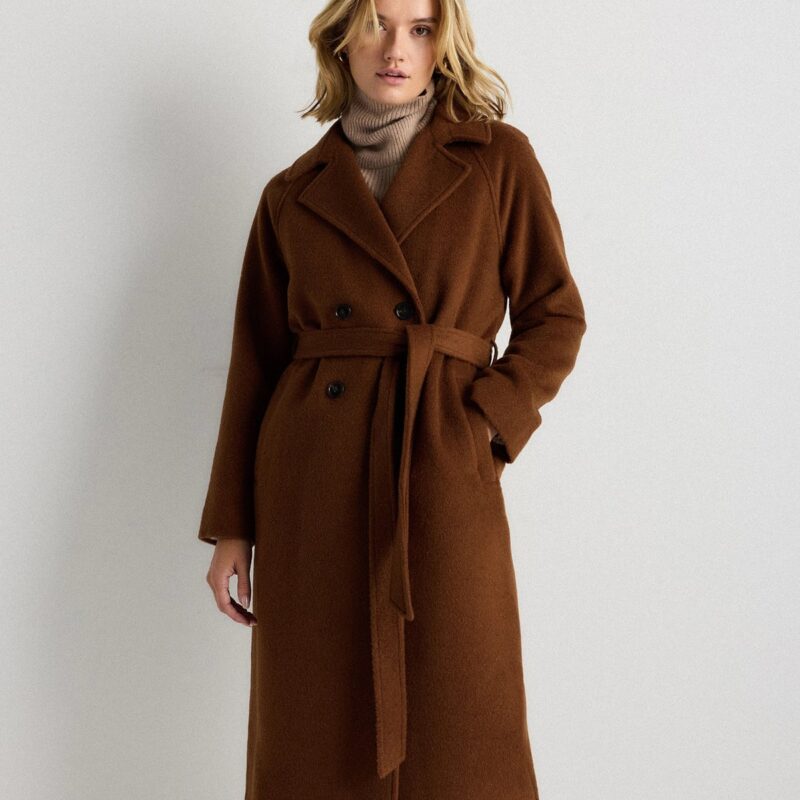 Quince | Women's Camel Hair Double-Breasted Long Wrap Coat in Mocha Brown, Size Small, Wool