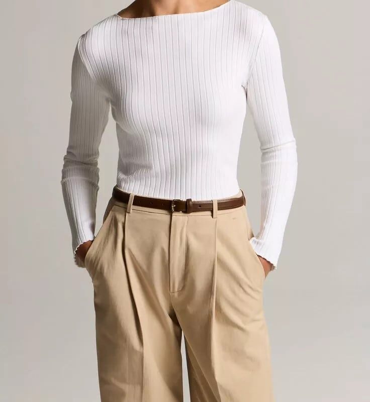 Women's Ribbed Cotton-Blend Slash-Neck Long-Sleeve Top, Off White, Size M Vince
