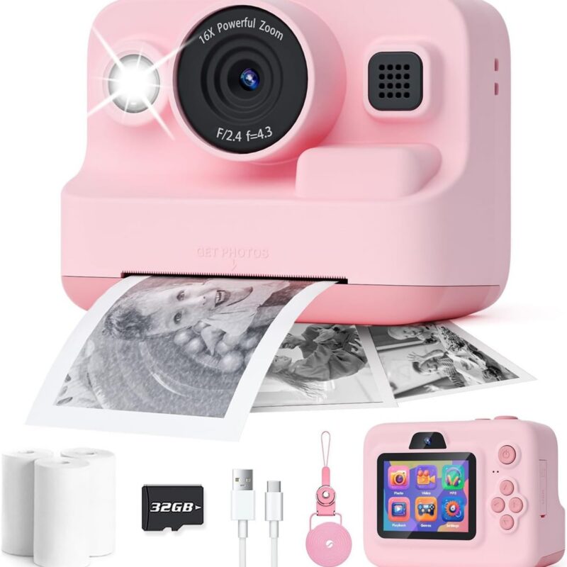Dylanto Kids Camera Instant Print,1080P Kids Instant Cameras that Print Photos,Christmas Birthday Gifts for Girls Age 3-12,Portable Toy for 3 4 5 6 7 8 9 10 Year Old Girls Boys Pink