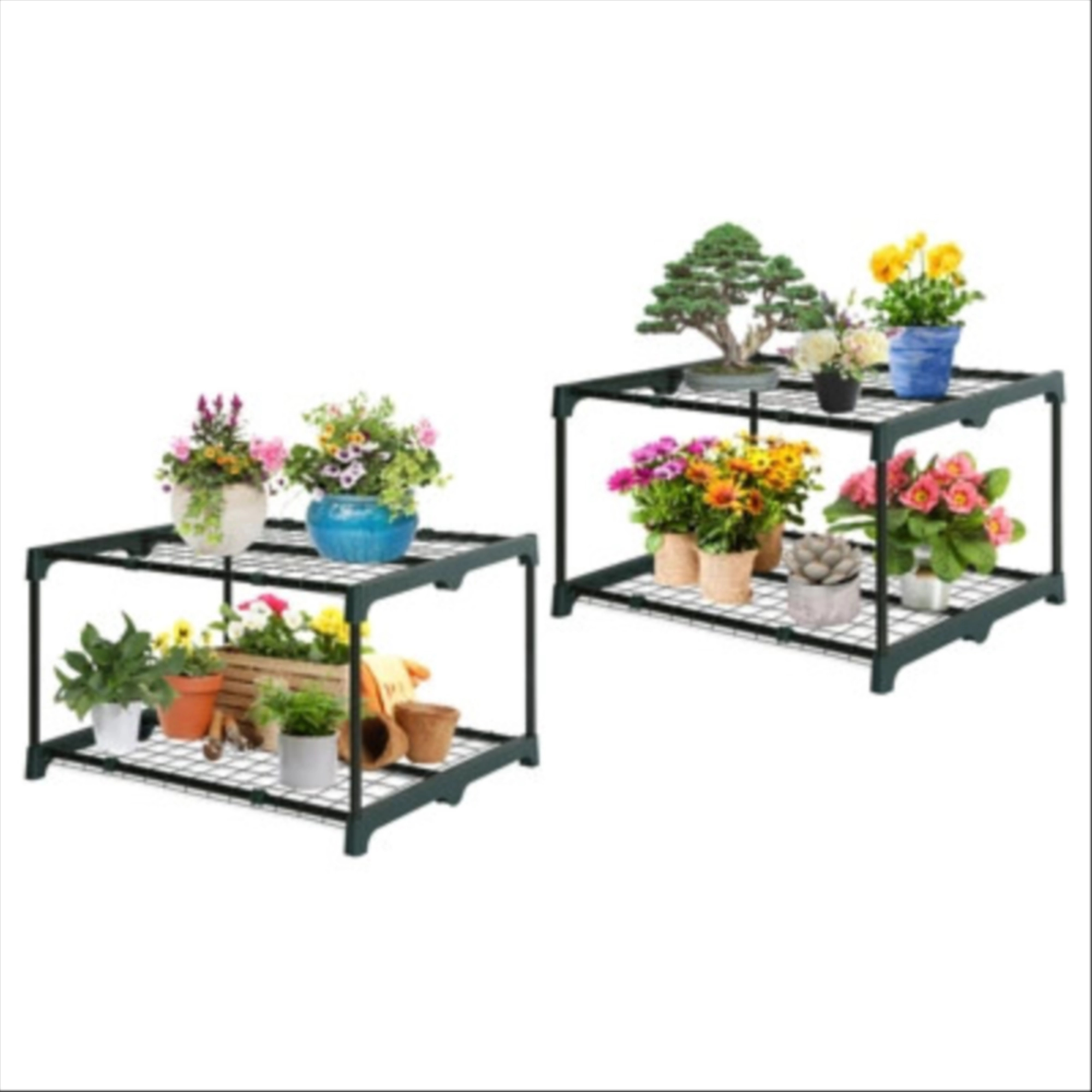 EAGLE PEAK Greenhouse Shelving Staging Double 2 Tier, Outdoor/Indoor Plant Shelves, 27"x19"x16", Green