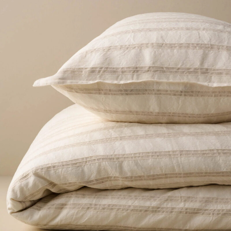 Embroidered Stripe Linen Cotton Duvet Cover - Oatmeal magnolia