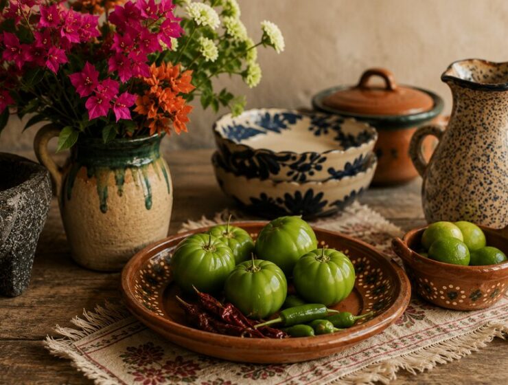 Traditional Mexican kitchen ingredients, pottery, flowers, and fresh produce