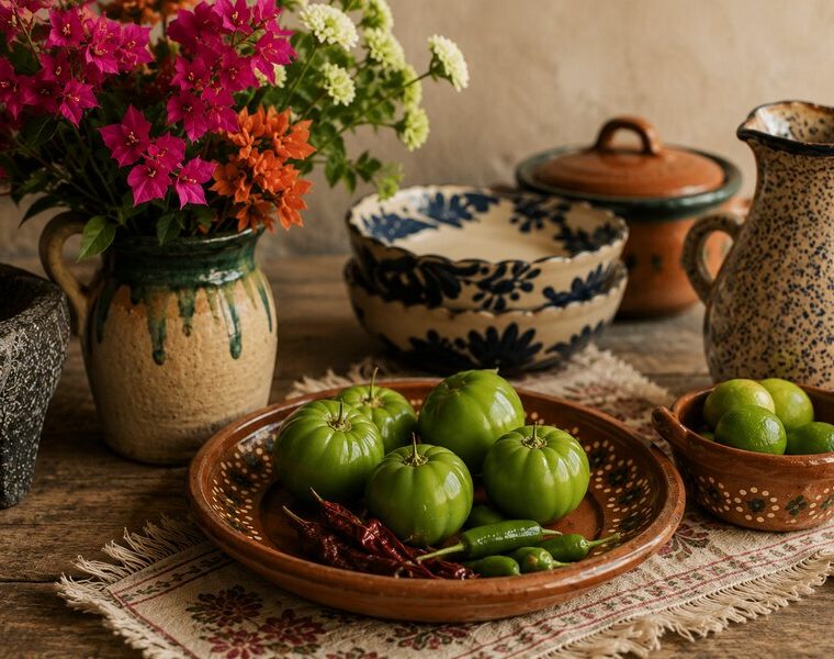 Traditional Mexican kitchen ingredients, pottery, flowers, and fresh produce
