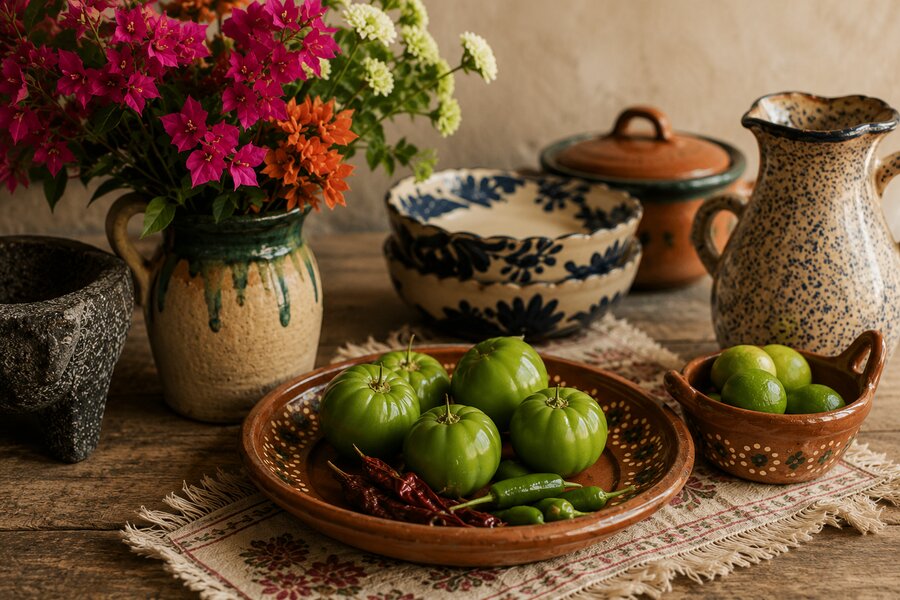 Traditional Mexican kitchen ingredients, pottery, flowers, and fresh produce