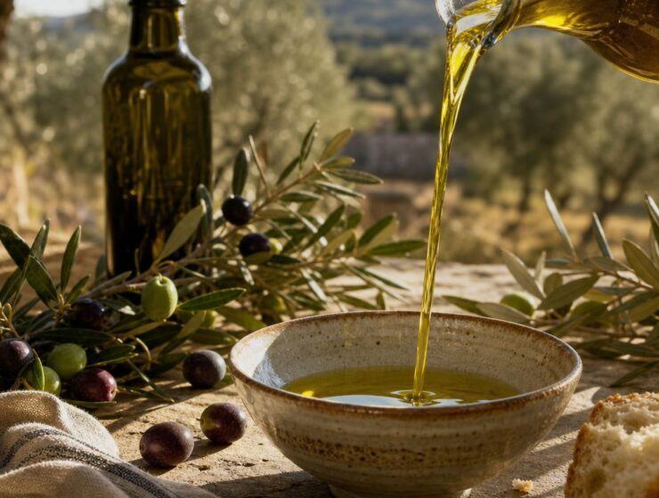 Fresh golden olive oil poured into a ceramic bowl beside olives in a Mediterranean grove