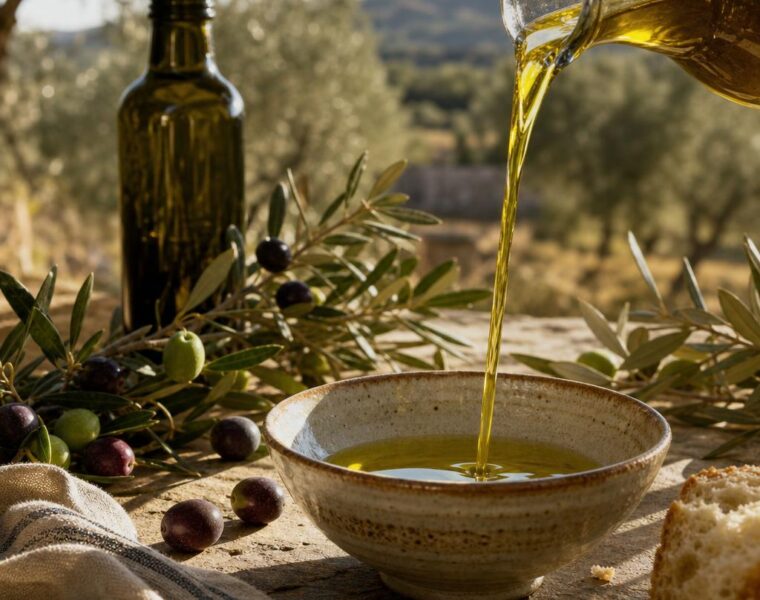 Fresh golden olive oil poured into a ceramic bowl beside olives in a Mediterranean grove