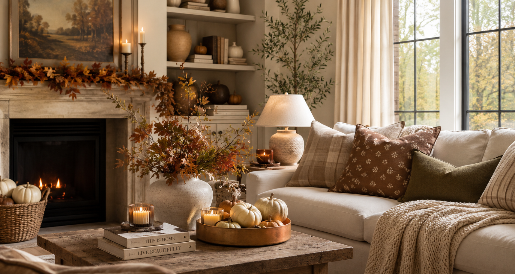 Cozy fall living room with fireplace, autumn botanicals, white pumpkins and warm textiles — Señora Era fall decor guide