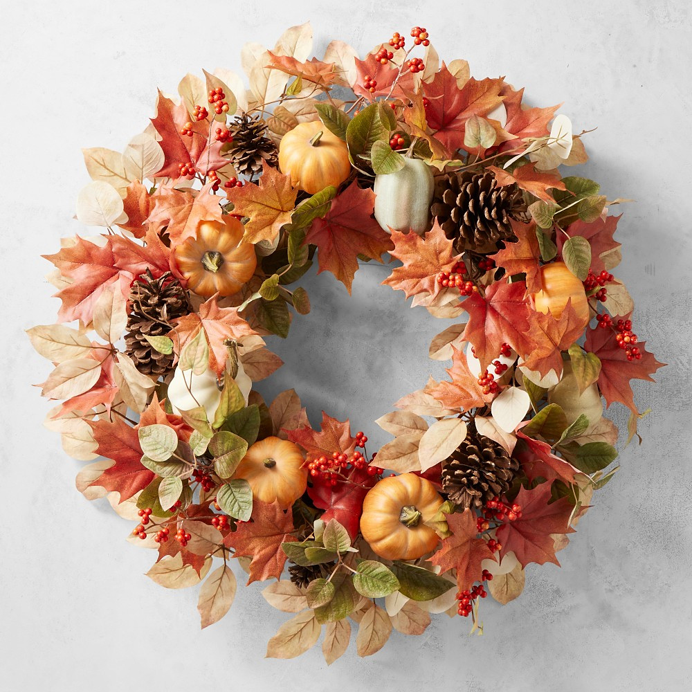 Beautiful fall wreath with autumn foliage and dried botanicals