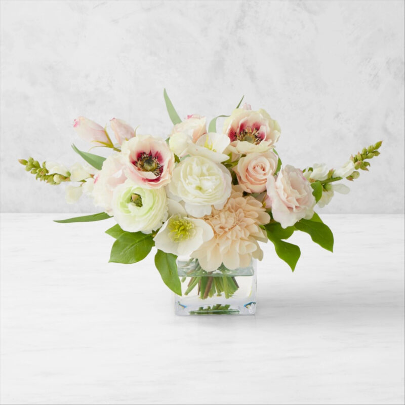 Famille Rose Faux Small Floral Arrangement in Glass Vase