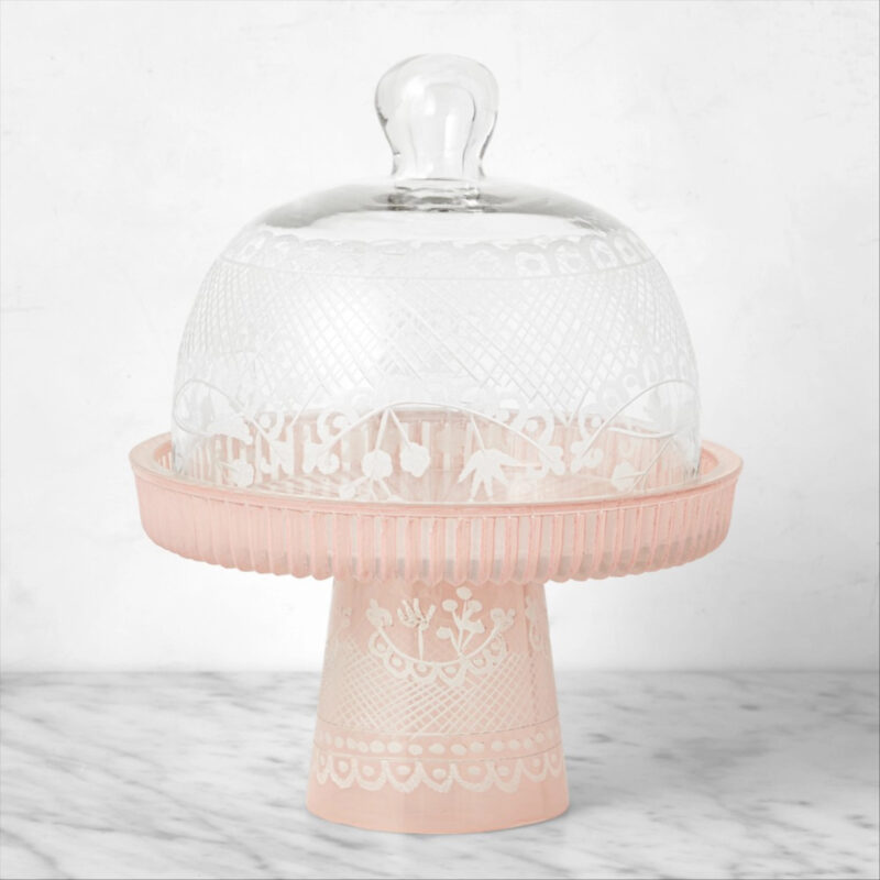 Famille Rose Glass Cake Stand with Cloche