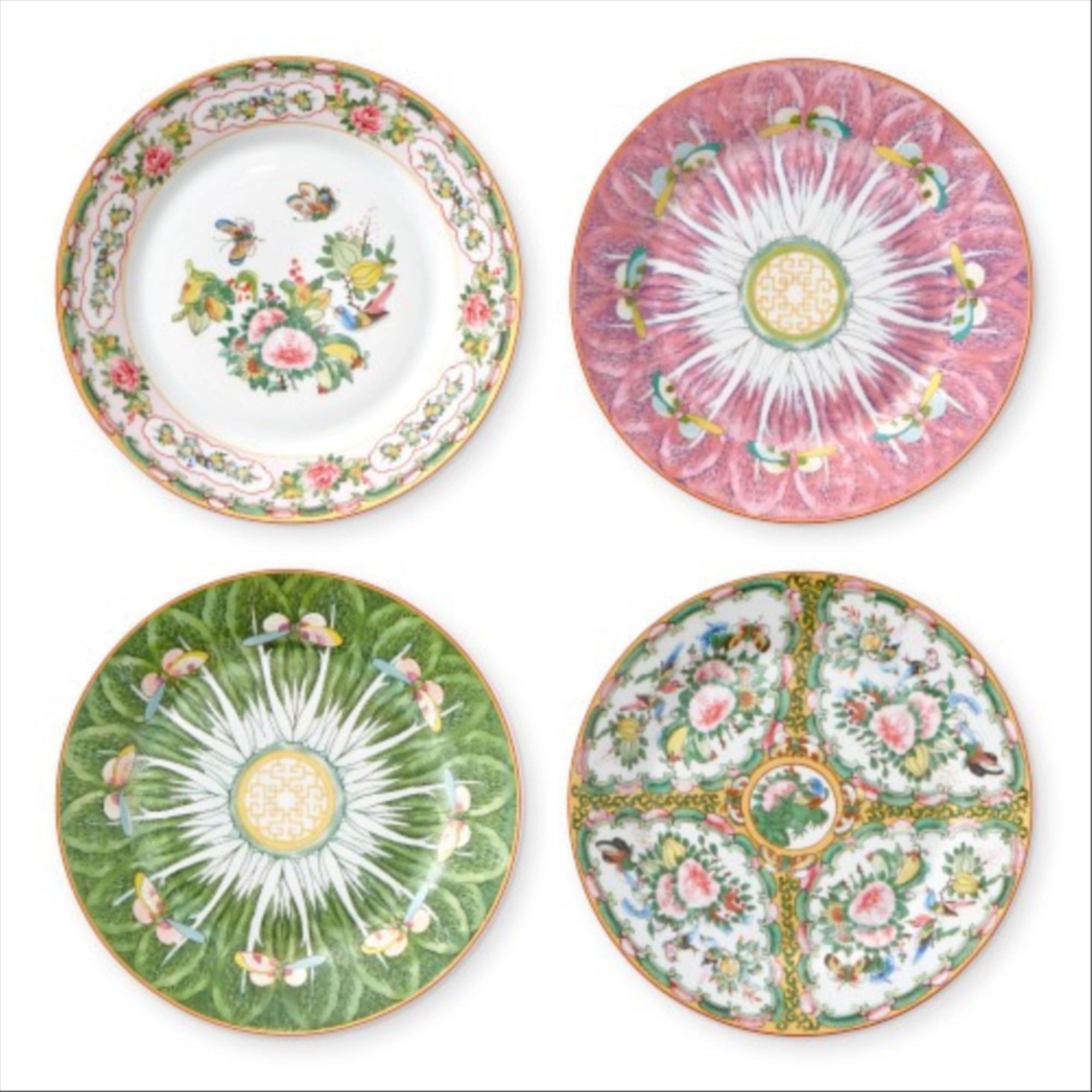 Famille Rose Salad Plates, Set of 4 Mixed Pink & Green