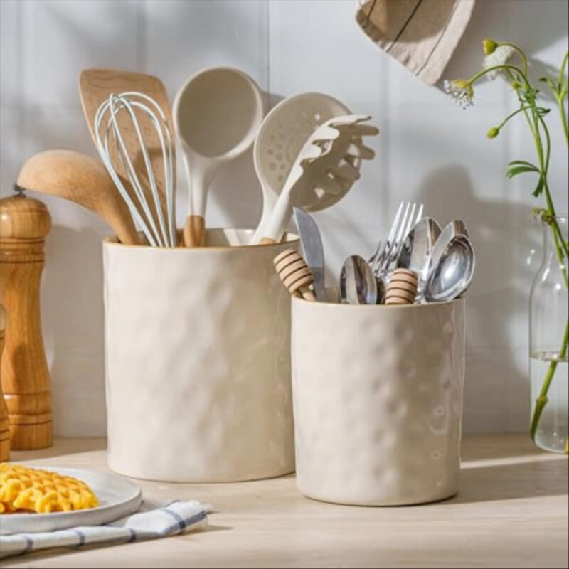 famiware Ocean Utensil Holder, 7.2"+5.8" Ceramic Kitchen Utensil Holder for Countertop, Cooking Utensil Crocks, Utensil Organizer for Spatula & Spoon, Kitchen Decor, Set of 2, Vanilla White