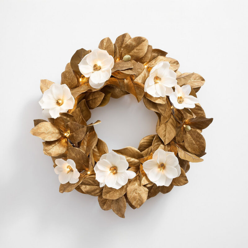 Faux Lit Gold Magnolia Leaf Wreath & Garland