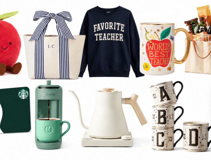 Teacher gift shopping roundup with an apple plush, ribbon tote, Favorite Teacher sweatshirt, mugs, gift card, coffee maker, kettle, and initial necklace