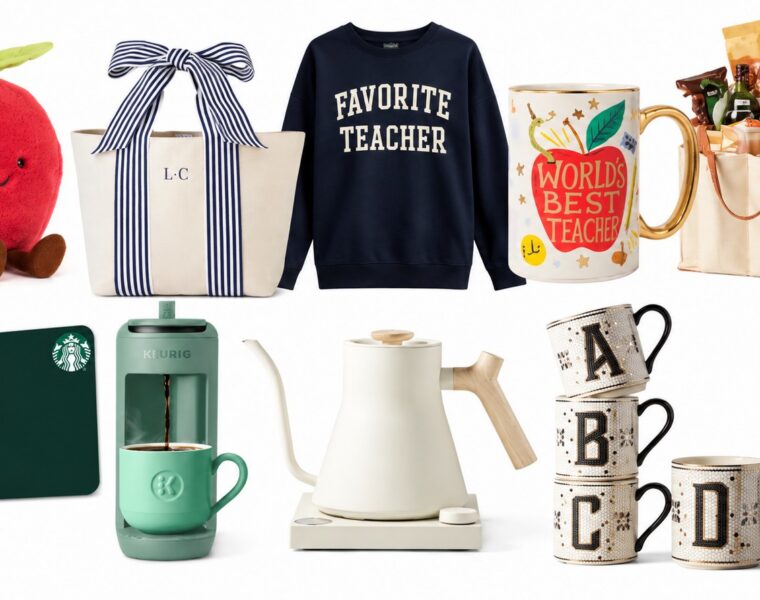 Teacher gift shopping roundup with an apple plush, ribbon tote, Favorite Teacher sweatshirt, mugs, gift card, coffee maker, kettle, and initial necklace