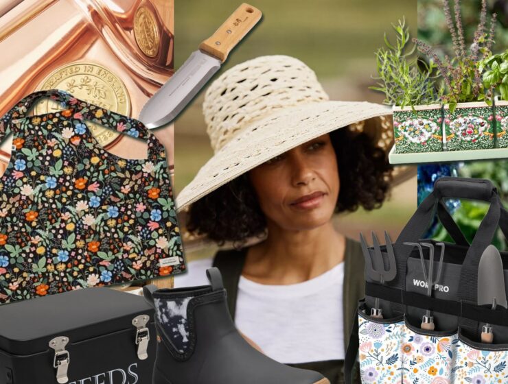 Layered collage of gardening gifts including a floral smock, sun hat, copper watering can, herb planters, hori hori knife, seed tin, garden boot and floral tool bag