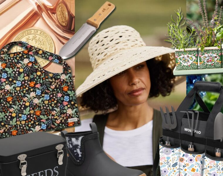 Layered collage of gardening gifts including a floral smock, sun hat, copper watering can, herb planters, hori hori knife, seed tin, garden boot and floral tool bag